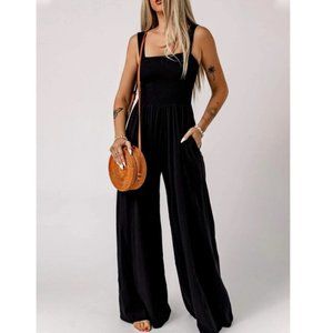 Black Casual Womens Solid Slant Pocket Cami Wide Leg Jumpsuit